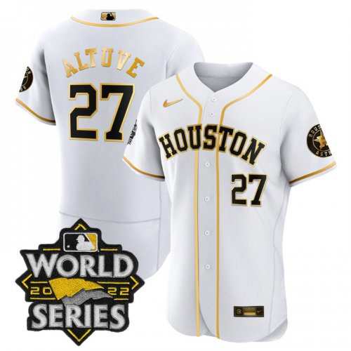 Men\'s Houston Astros #27 Jose Altuve White Gold Stitched World Series Flex Base Jersey