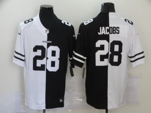 Men Oakland Raiders #28 Josh Jacobs Black And White Limited Split Fashion Football Jersey