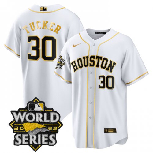 Men\'s Houston Astros #30 Kyle Tucker White Gold Stitched World Series Cool Base Limited Jersey