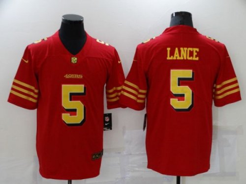 New Football San Francisco 49ers #5 Trey Lance Fashion Red Gold Jersey