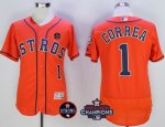 Men MLB Houston Astros #1 Carlos Correa Orange 2017 World Series Champions And Houston Astros Strong Patch Flex Base Jerseys