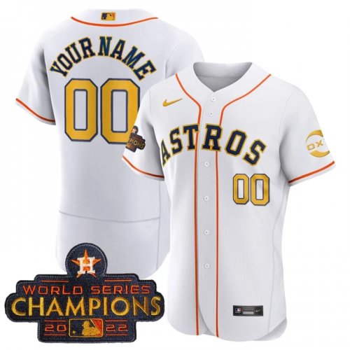 Custom Houston Astros 2022 Champions White Gold Rush Stitched Flex Base Jerseys
