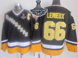 Men Pittsburgh Penguins #66 Mario Lemieux Black Yellow CCM Throwback 2017 Stanley Cup Finals Champions Stitched NHL Jersey