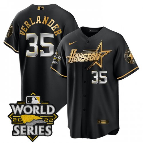 Men\'s Houston Astros #35 Justin Verlander World Series Stitched Black Gold Special Cool Base Jersey