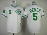 Men's MLB Cincinnati Reds #5 Johnny Bench White Mitchell and Ness Throwback Jersey [Green Number]