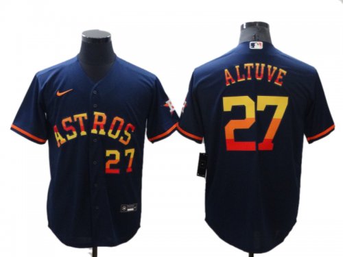 Men\'s Houston Astros #27 Jose Altuve Number Navy Blue Rainbow Stitched Cool Base Jersey