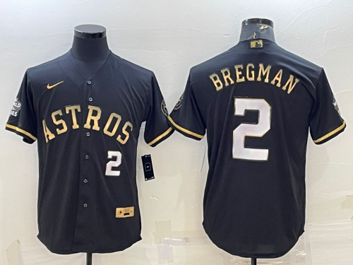 Men\'s Houston Astros #2 Alex Bregman Number Black Gold 2022 World Series Stitched Baseball Jersey