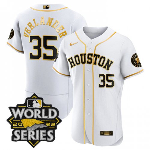 Men\'s Houston Astros #35 Justin Verlander White Gold Stitched World Series Flex Base Jersey
