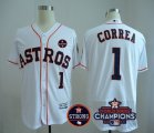 Men MLB Houston Astros #1 Carlos Correa White 2017 World Series Champions And Houston Astros Strong Patch Flex Base Jerseys
