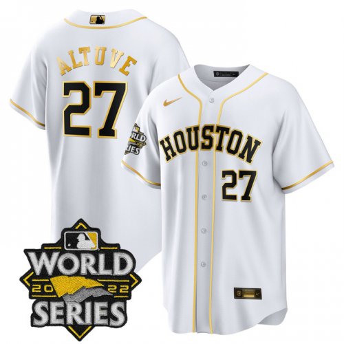 Men\'s Houston Astros #27 Jose Altuve White Gold Stitched World Series Cool Base Limited Jersey