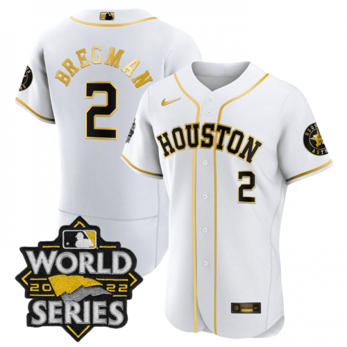 Men\'s Houston Astros #2 Alex Bregman White Gold Stitched World Series Flex Base Jersey