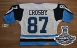Men Pittsburgh Penguins #87 Sidney Crosby White Blue CCM Throwback 2017 Stanley Cup Finals Champions Stitched NHL Jersey