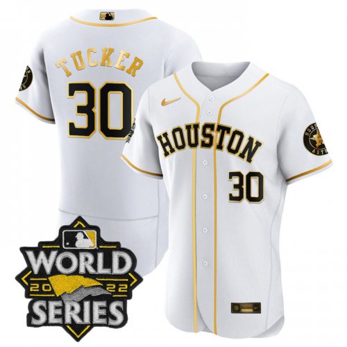 Men\'s Houston Astros #30 Kyle Tucker White Gold Stitched World Series Flex Base Jersey