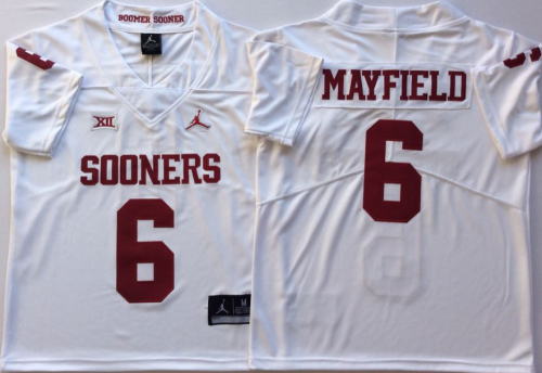 Oklahoma Sooners Baker Mayfield #6 White Colleges Jersey Men\'s Youth
