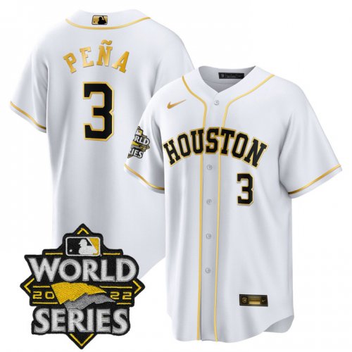 Men\'s Houston Astros #3 Jeremy Pena White Gold Stitched World Series Cool Base Limited Jersey