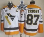 Men Pittsburgh Penguins #87 Sidney Crosby White Yellow CCM Throwback 2017 Stanley Cup Finals Champions Stitched NHL Jersey