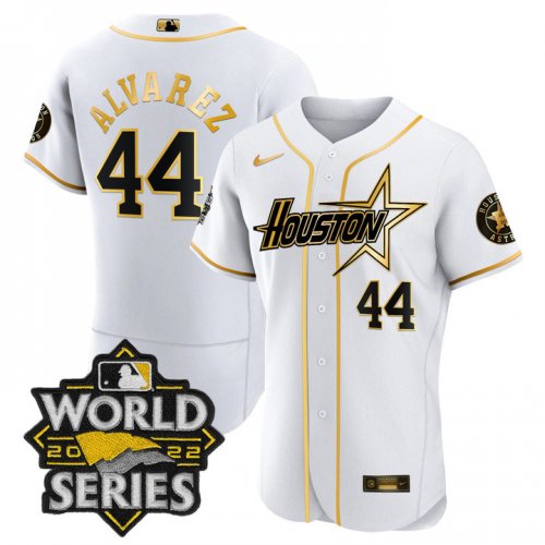 Men\'s Houston Astros #44 Yordan Alvarez World Series Stitched White Gold Special Flex Base Jersey