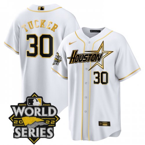 Men\'s Houston Astros #30 Kyle Tucker World Series Stitched White Gold Special Cool Base Jersey