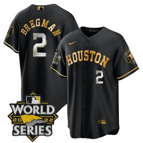 Men\'s Houston Astros #2 Alex Bregman Black Gold Stitched World Series Cool Base Limited Jersey