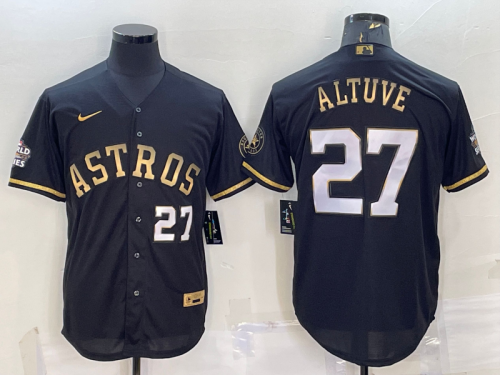 Men\'s Houston Astros #27 Jose Altuve Number Black Gold 2022 World Series Stitched Baseball Jersey