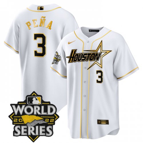 Men\'s Houston Astros #3 Jeremy Pena World Series Stitched White Gold Special Cool Base Jersey