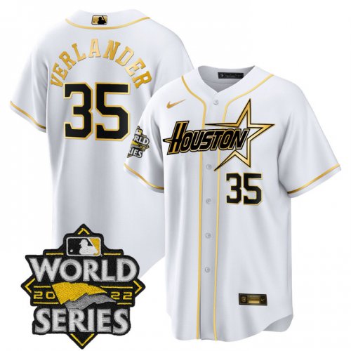 Men\'s Houston Astros #35 Justin Verlander World Series Stitched White Gold Special Cool Base Jersey