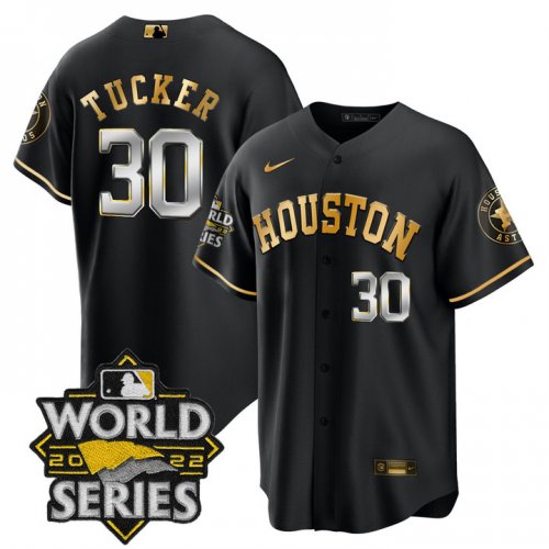 Men\'s Houston Astros #30 Kyle Tucker Black Gold Stitched World Series Cool Base Limited Jersey