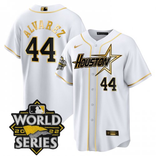 Men\'s Houston Astros 44 Yordan Alvarez World Series Stitched White Gold Special Cool Base Jersey