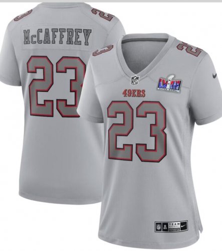 San Francisco 49ers Christian McCaffrey Gray Women\'s Super Bowl LVIII Atmosphere Fashion Game Jersey
