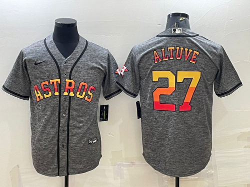 Men\'s Houston Astros #27 Jose Altuve Grey Gridiron With Patch Cool Base Stitched Baseball Jersey