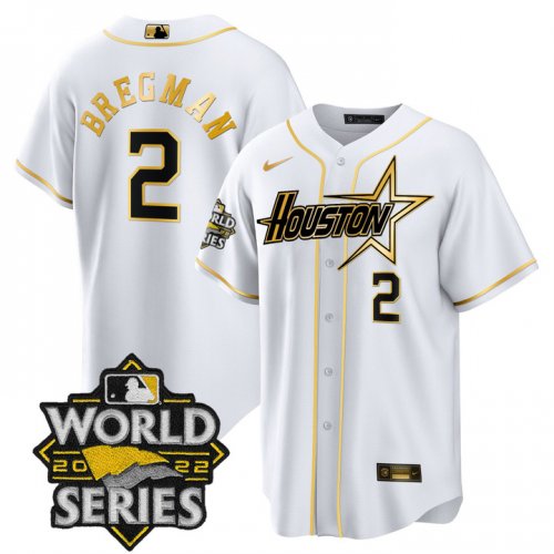 Men\'s Houston Astros #2 Alex Bregman World Series Stitched White Gold Special Cool Base Jersey