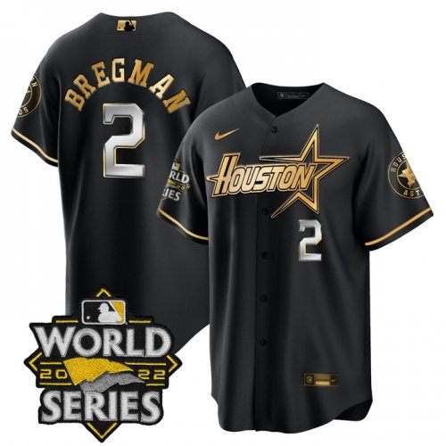 Men\'s Houston Astros #2 Alex Bregman World Series Stitched Black Gold Special Cool Base Jersey