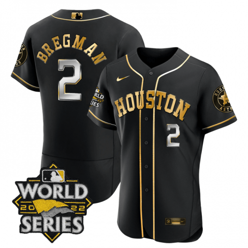 Men\'s Houston Astros #2 Alex Bregman Black Gold Stitched World Series Flex Base Jersey