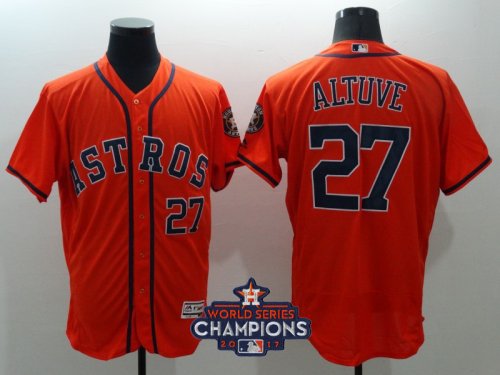 Men MLB Houston Astros #27 Jose Altuve Orange 2017 World Series Champions Patch Flex Base Jersey