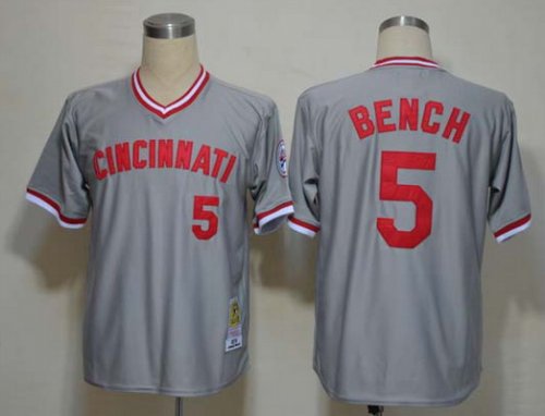 Men\'s MLB Cincinnati Reds #5 Johnny Bench Grey Mitchell and Ness Throwback Jersey