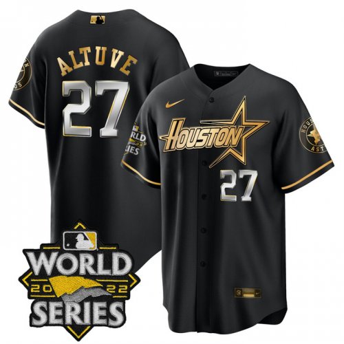 Men\'s Houston Astros #27 Jose Altuve World Series Stitched Black Gold Special Cool Base Jersey