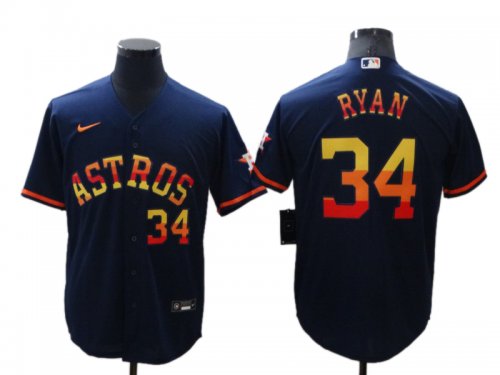 Men\'s Houston Astros #34 Nolan Ryan Number Navy Blue Rainbow Stitched Cool Base Jersey
