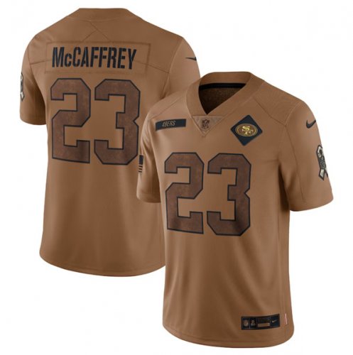 Men\'s San Francisco 49ers #23 Christian McCaffrey 2023 Brown Salute To Service Limited Football Stitched Jersey