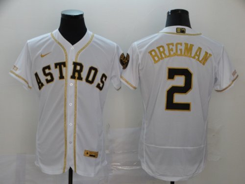 Men\'s Houston Astros #2 Alex Bregman White Gold Fashion 2020 Stitched Baseball Jersey