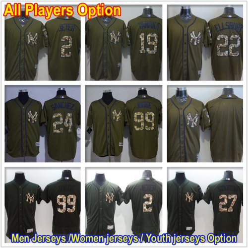Baseball New York Yankees All Players Option #27 Giancarlo Stanton #99 Aaron Judge Green Salute to Service Jersey