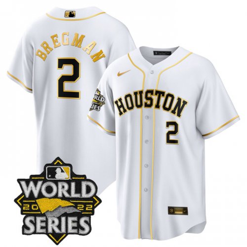 Men\'s Houston Astros #2 Alex Bregman White Gold Stitched World Series Cool Base Limited Jersey