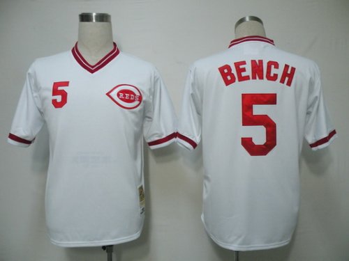 Men\'s MLB Cincinnati Reds #5 Johnny Bench White Mitchell and Ness Throwback Jersey