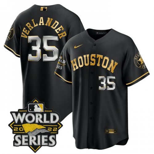 Men\'s Houston Astros #35 Justin Verlander Black Gold Stitched World Series Cool Base Limited Jersey