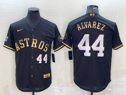 Men\'s Houston Astros #44 Yordan Alvarez Number Black Gold 2022 World Series Stitched Baseball Jersey