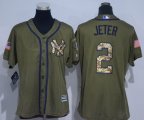 Women MLB New York Yankees #2 Derek Jeter Green Salute to Service Cool Base Jerseys