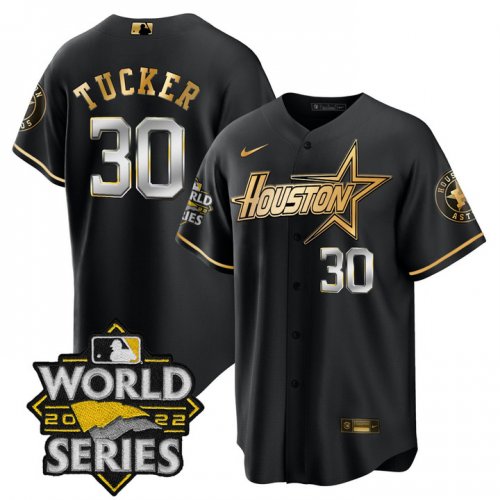 Men\'s Houston Astros #30 Kyle Tucker World Series Stitched Black Gold Special Cool Base Jersey