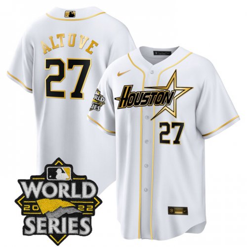 Men\'s Houston Astros #27 Jose Altuve World Series Stitched White Gold Special Cool Base Jersey