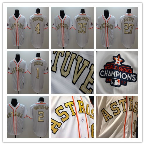 Baseball Houston Astros White 2017 World Series Champions special gold Cool Base Jersey