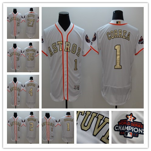 Baseball Houston Astros White 2017 World Series Champions Special Gold Number Flexbase Jersey